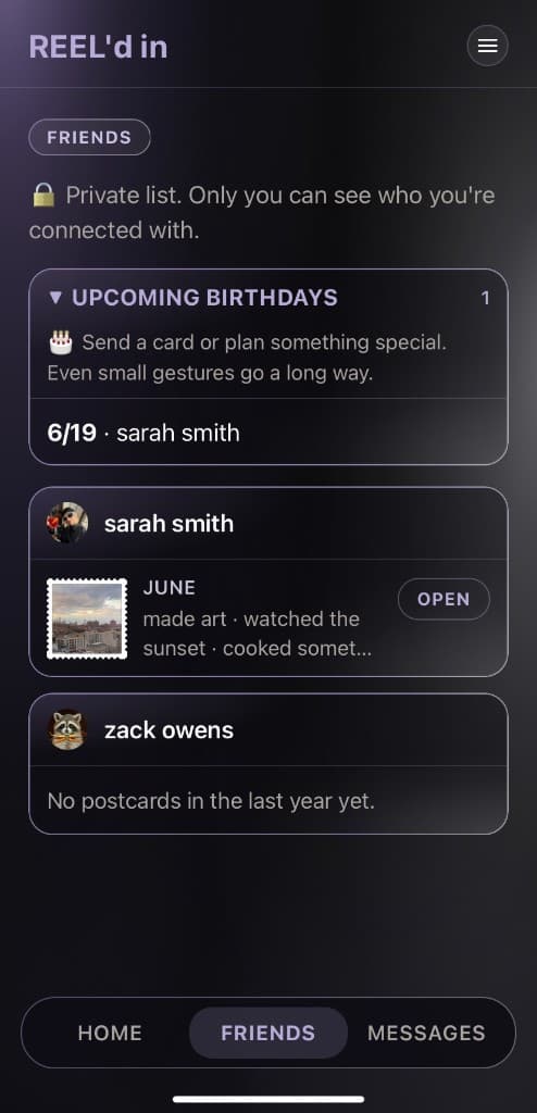 The Friends tab showing upcoming birthdays and friends' recent postcards