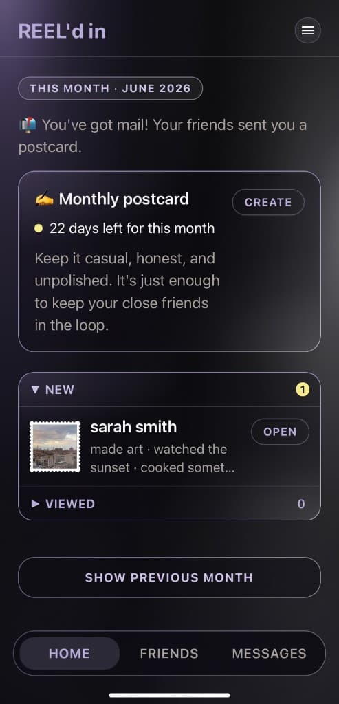 The Home tab showing monthly postcard creation and new postcards in your inbox