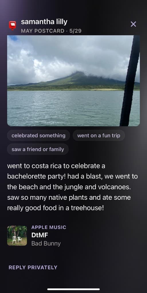 A full monthly postcard with photos, tags, music, and a caption