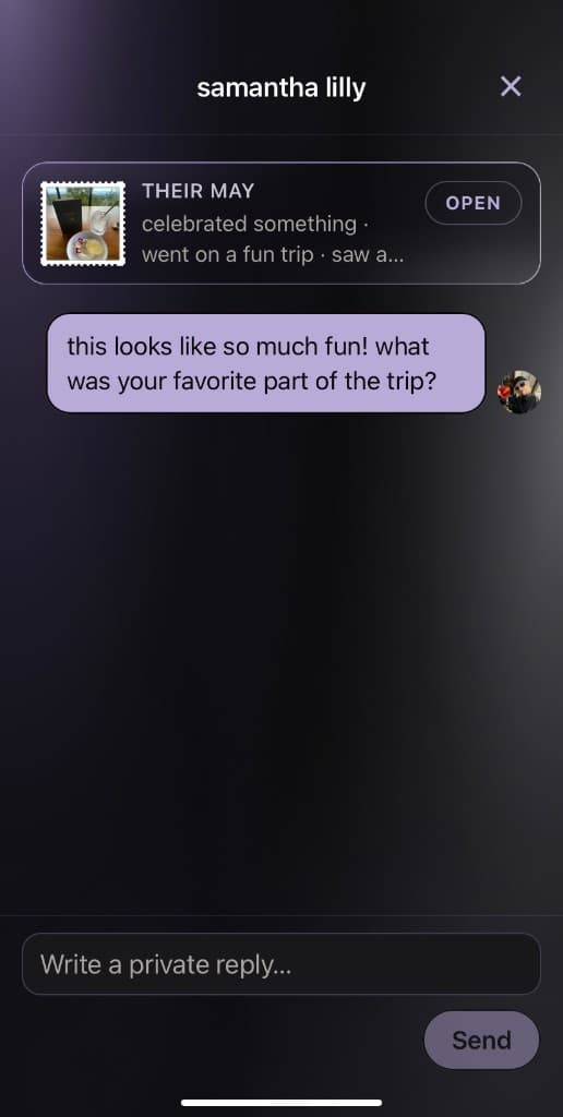 A private reply thread about a friend's postcard
